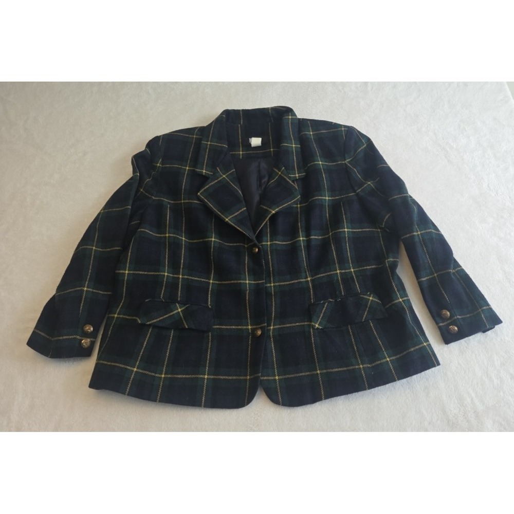 Modiano Grn/Nvy Tartan Plaid Wool Blend Blazer Crest 1 Button Missing Size 22W